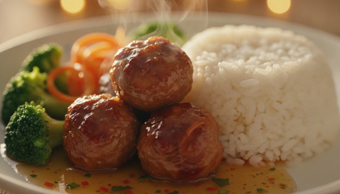 Thịt viên sốt, cơm, rau